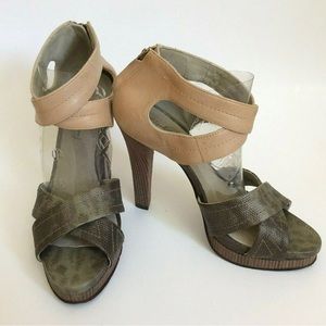 Elizabeth and James Eden Leather Green Tan Color Block Platform Sandal Size 7